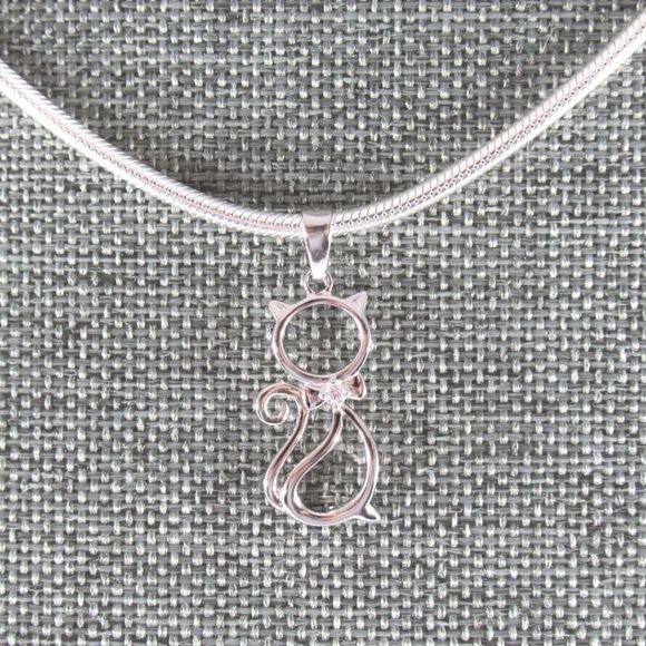 Sterling Silver 925  Cat Pendant Snake Chain 20” - Picture 2 of 9